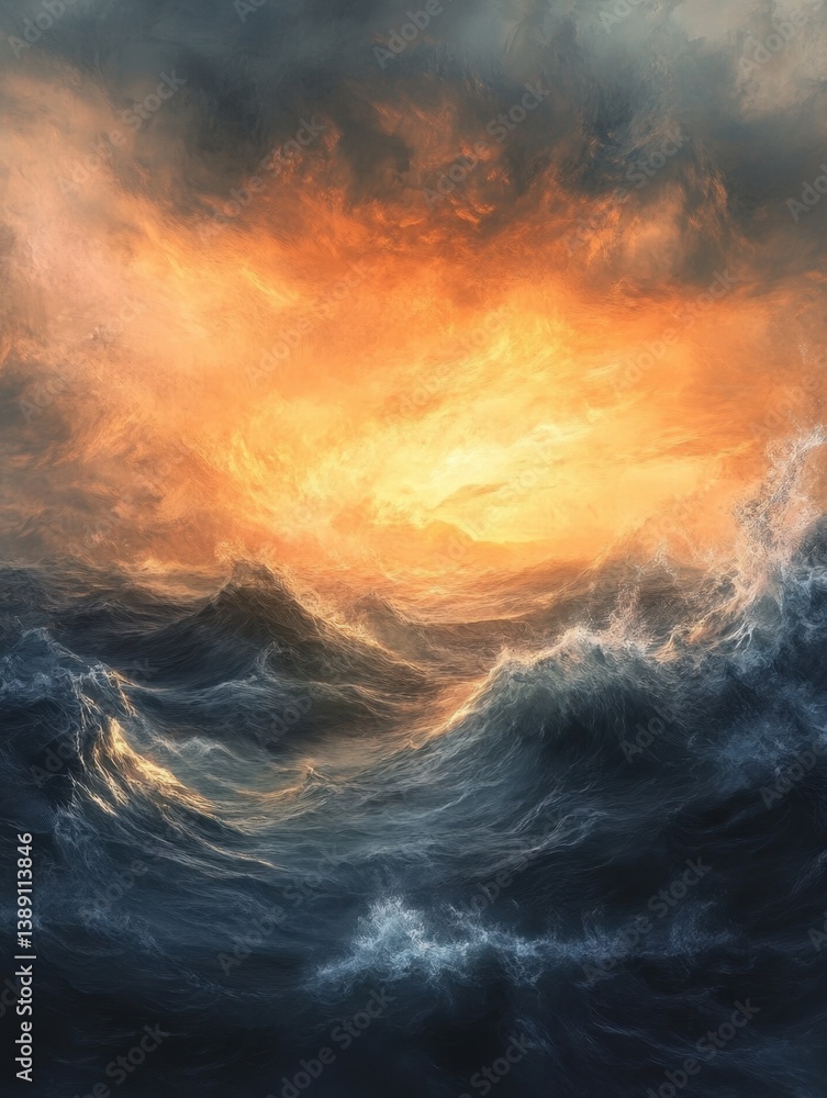 Aufkleber dramatic ocean waves crash under a fiery sunset sky creating a powerful and mesmerizing seascape wit