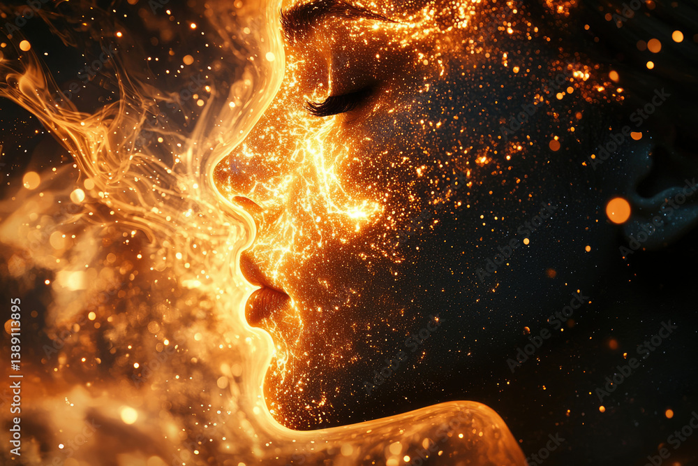 Poster a fiery, ethereal face emerges from swirling, golden particles, a captivating blend of light and for