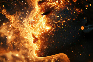 A fiery, ethereal face emerges from swirling, golden particles, a captivating blend of light and form.