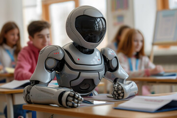 Humanoid robot sitting in classroom surrounded by students. Futuristic view of AI in education. Artificial intelligence training. Back to school