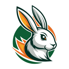 Obraz premium A cartoon image of a white rabbit mascot with long ears and orange and green accents in a circular shape.