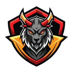 Obraz premium A digital illustration of a black goat mascot with red horns and a red and yellow shield.