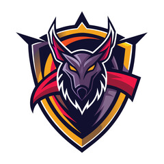Obraz premium A digital illustration of a fierce black wolf mascot logo design with a red cape and gold shield.