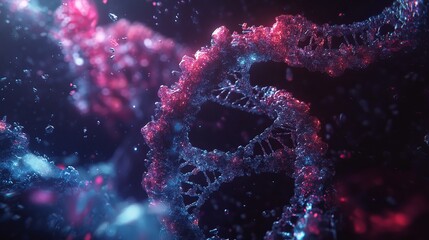 Close up view of a dna strand with pink and blue hues against a dark and blurred background