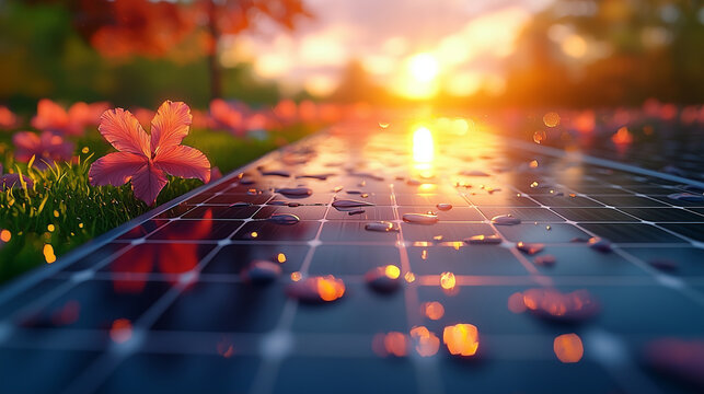 Water drop on solar panels reflecting sunlight Beautiful leaves flowers Harmony between technology nature balance of sustainable energy, environment. Greenery-sense of renewal optimism, cleaner future