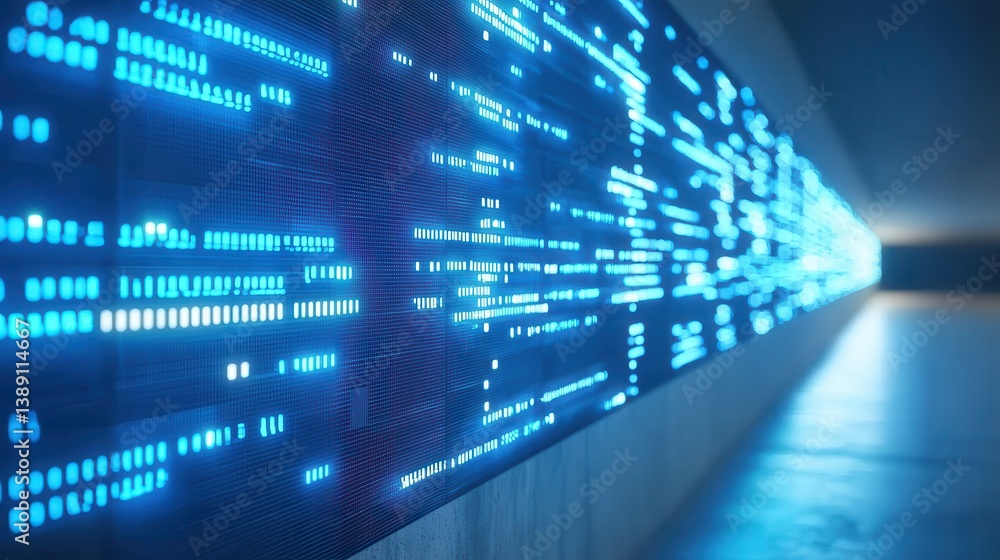 Poster a digital display featuring glowing blue data streams, creating a futuristic and abstract visual eff
