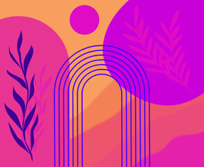 Modern abstract geometric pattern with arches and leaves in neon colours