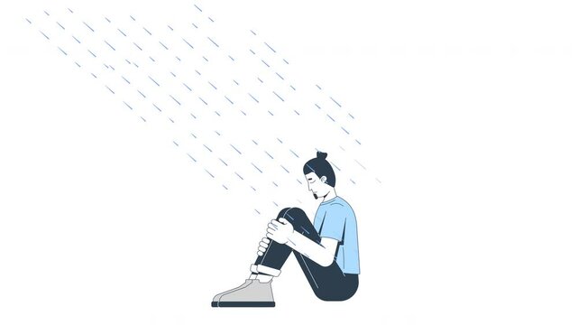 Sad man sitting alone under falling rain 2D character animation. Sadness, loneliness. Mental depression. Lonely male in rainy sorrow animated person cartoon 4K video isolated on white transparent