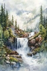 A serene watercolor painting of a cascading waterfall in a forest