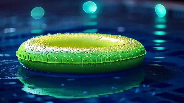 Wet green inflatable ring floats in dark pool