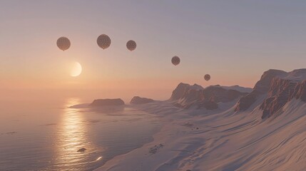 Snowy coastline with floating orbs against a soft sunset sky