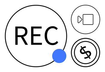 Large REC text with blue dot, video camera icon, and dollar sign within a circle. Ideal for media production, video creation, monetization, online platforms, financial content, streaming digital