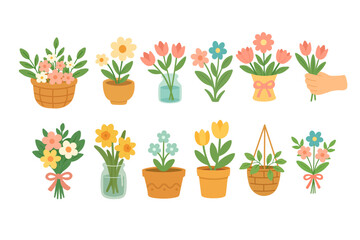 Various colorful spring flowers in pots, vases, bouquets, and baskets. Cute flat seasonal illustration.