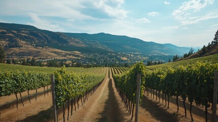 Fototapeta premium Picturesque Vineyard Landscape on Rolling Hills Under a Bright Blue Sky