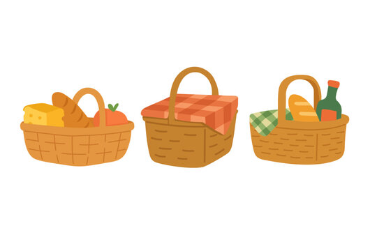 Three cute picnic baskets with bread, drinks, cheese and fruit in cartoon spring style.
