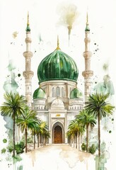 An artistic watercolor painting of a beautiful mosque and greenery