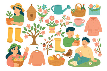 Colorful spring clipart with people, flowers, clothes, food, birds, and garden elements.