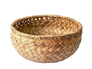 Handwoven reed basket for fruit storage with air circulation gaps, traditional crafting technique, kitchen organizer on white background