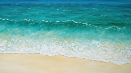 Ocean waves crashing on a sandy beach, vibrant turquoise and teal colors.