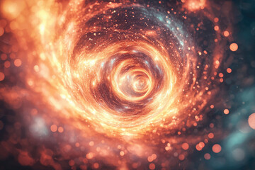 A swirling cosmic vortex of fiery orange and deep space, creating a mesmerizing tunnel through the universe.