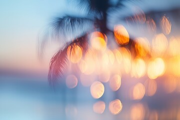 Idyllic coastal scene featuring a palm tree against a tropical beach setting blurred bokeh highlights of the serene sea and sky evokes the essence of a summer getaway