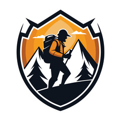 An illustration of a hiker with a backpack walking across a mountain path at sunset.