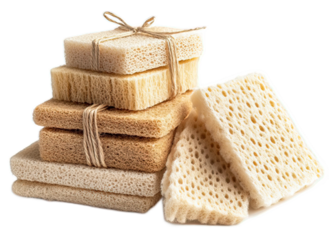 Natural loofah dish sponges in various sizes, plant-based cleaning tools bundled with jute twine on white background