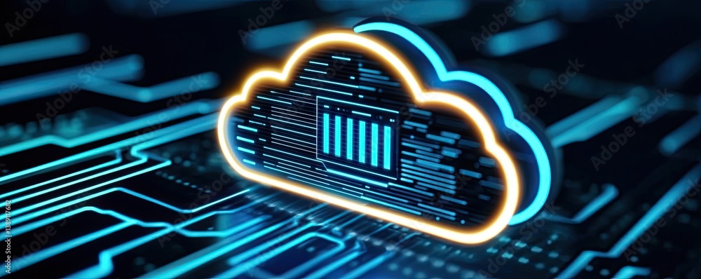 Poster clouds server driving intelligent system for globalization concept. stylized cloud symbol on digital
