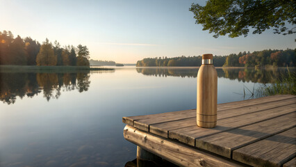 a tranquil lakeside scene at sunrise with a stainless steel water bottle on a wooden dock surrounded by autumn trees and calm water reflections
