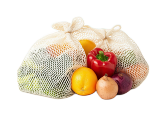 Organic cotton mesh produce bags with tare weight tags, transparent enough to see contents, shopping essential on white background