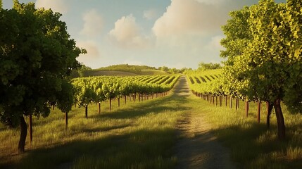 Fototapeta premium Picturesque Vineyard Landscape with Rows of Vines and a Rustic Path