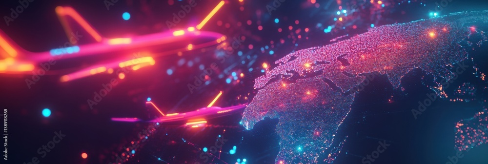 Poster vibrant abstract world map showcasing travel routes with glowing airplanes in a neon futuristic aest