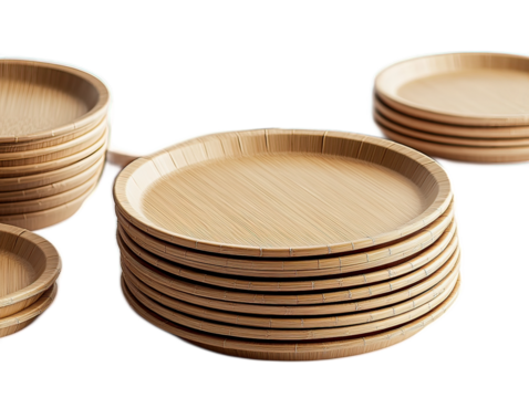 Bamboo compostable plates in various sizes, lightweight with slight natural color variations, party essentials on white background