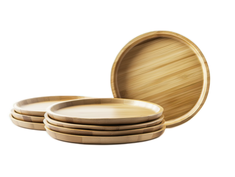 Bamboo compostable plates in various sizes, lightweight with slight natural color variations, party essentials on white background