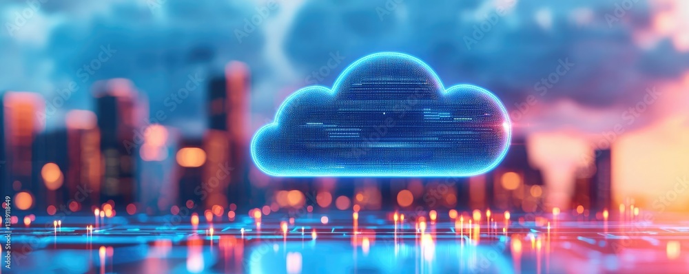 Poster clouds server intelligent innovation driving glowing system concept. futuristic cloud computing conc
