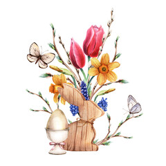 Easter watercolor composition with yellow daffodils, narcissi, pink tulips, blue grape hyacinth, muscari, pussy willow branches, wooden bunny decoration, egg, butterfly. For clip art cards invitation.