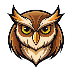 Fototapeta premium A cartoon illustration of a brown owls head with bright yellow eyes, set against a plain white background. The owl has a sharp, focused expression, suggesting intelligence and alertness.