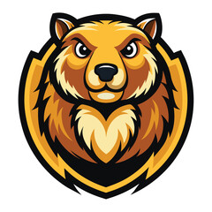 Fototapeta premium A cartoon brown bear mascot logo design illustration with a fierce expression. The bears face is centered within a circular frame with a sharp, stylized design.