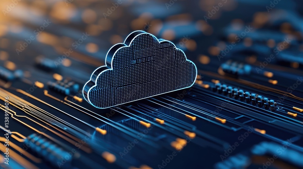 Poster clouds server intelligent innovation driving glowing system concept. digital cloud icon on a circuit