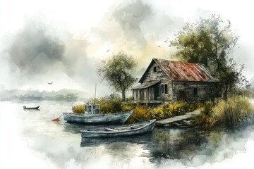 Fototapeta premium A weathered cabin and boats near a calm tranquil lake scene