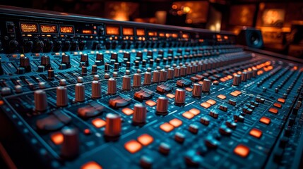 Audio console close-up with glowing buttons and knobs in dimly lit room