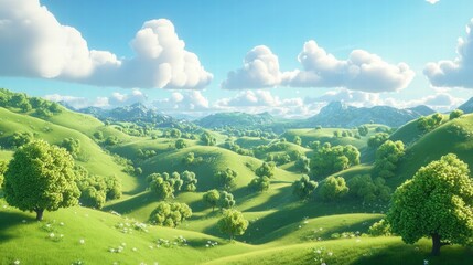 Naklejka premium illustration of Summer fields landscape with a dawn,Rainbow, green grass hills, bright color blue sky, country background,banner resting vacation.