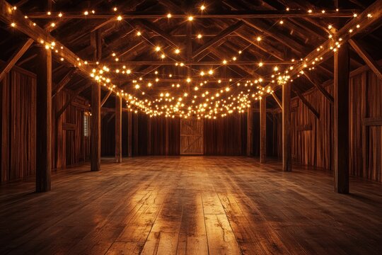 Warm string lights illuminate the inside of a rustic wooden barn