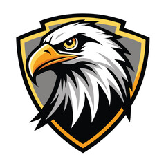 A digital illustration of a bald eagle head in a yellow and grey shield.