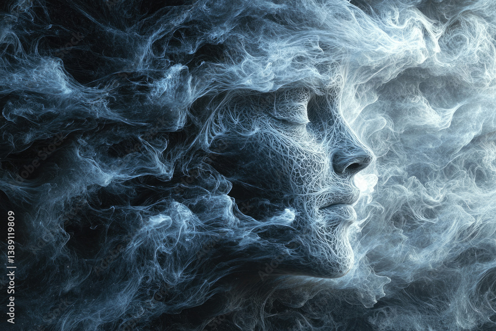 Poster a serene face emerges from swirling ethereal smoke, a captivating blend of human form and abstract a