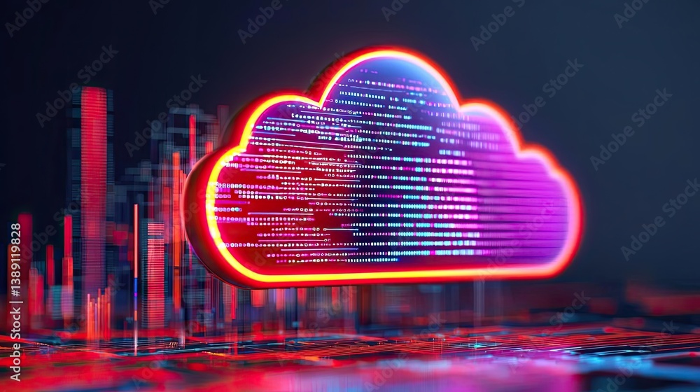 Poster clouds server intelligent innovation driving glowing system concept. colorful cloud computing graphi