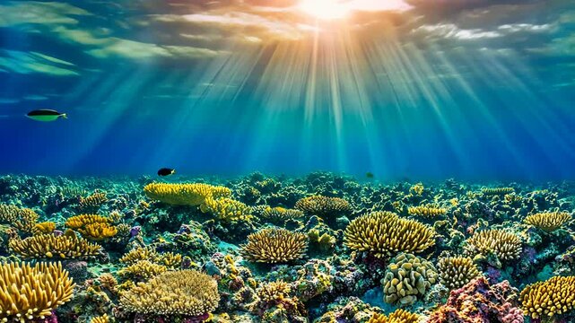Vibrant undersea scene showcasing coral reef with marine life and sun rays piercing through turquoise water, offering a tropical aquatic vista