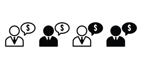 Financial Advisor Icons Set Black and White Silhouettes of People with Speech Bubbles and Dollar Signs Vector Design