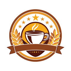 A colorful logo design featuring a white coffee cup with steam, surrounded by wheat stalks and five stars. The logo has a brown ribbon banner at the bottom with space for text.