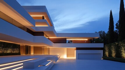 Fototapeta premium Modern Architectural Design Showcasing Exterior Illumination And Clean Geometry